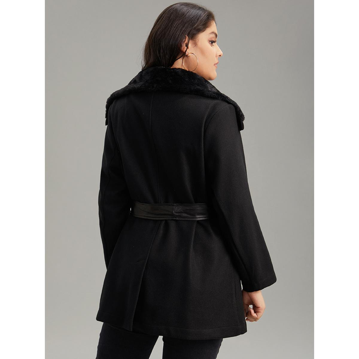 Plus Size Solid Zipper Belted PU Leather Knot Fuzzy Trim Coat Women Black Casual Plain Ladies Dailywear Winter Coats BloomChic 10/M Product Image