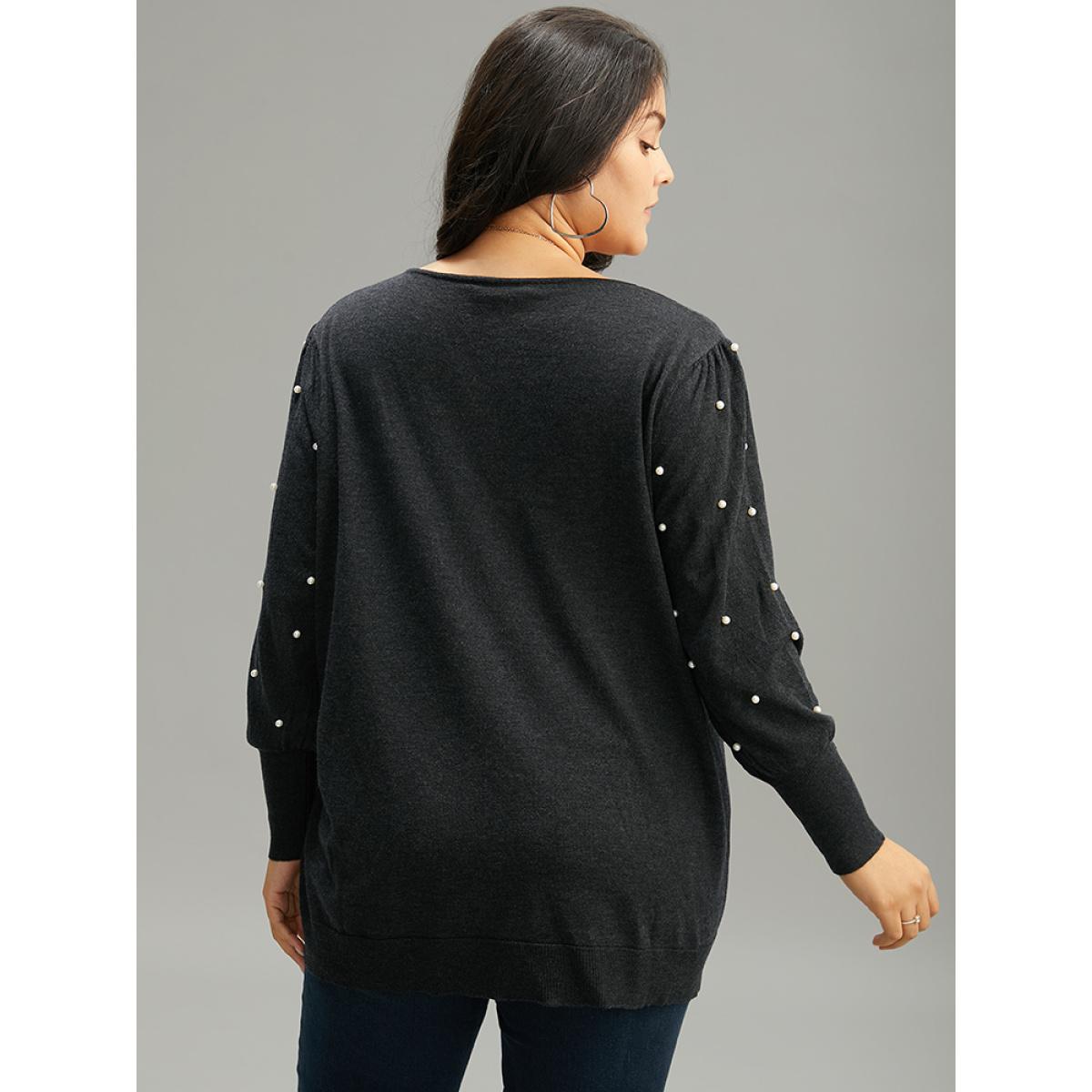 Plus Size Supersoft Essentials Solid Pearl Beaded Elastic Cuffs Pullover Black Women Casual Long Sleeve V-neck Dailywear Pullovers BloomChic 30/6X Product Image