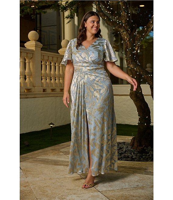 Adrianna Papell Plus Size V-Neck Flutter Sleeve Foil Leaf Printed Gown Product Image