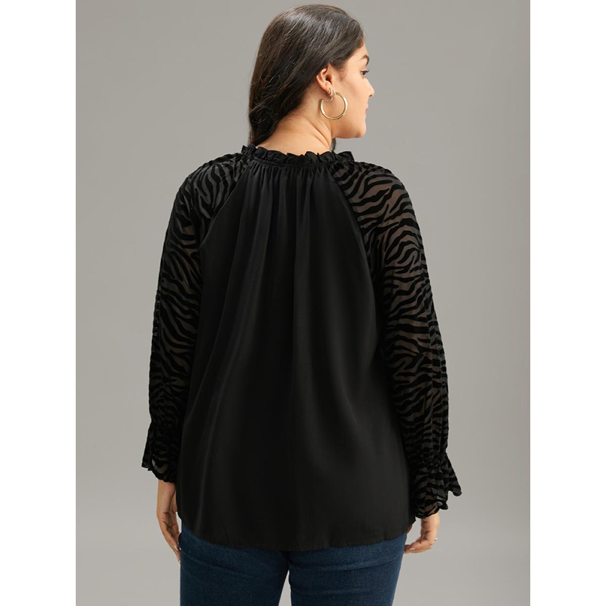 Plus Size Black Halloween Zebra Print Tie Neck Frill Trim Patchwork Blouse Women Elegant Long Sleeve Tie Neck Dailywear Blouses BloomChic 26/4X Product Image