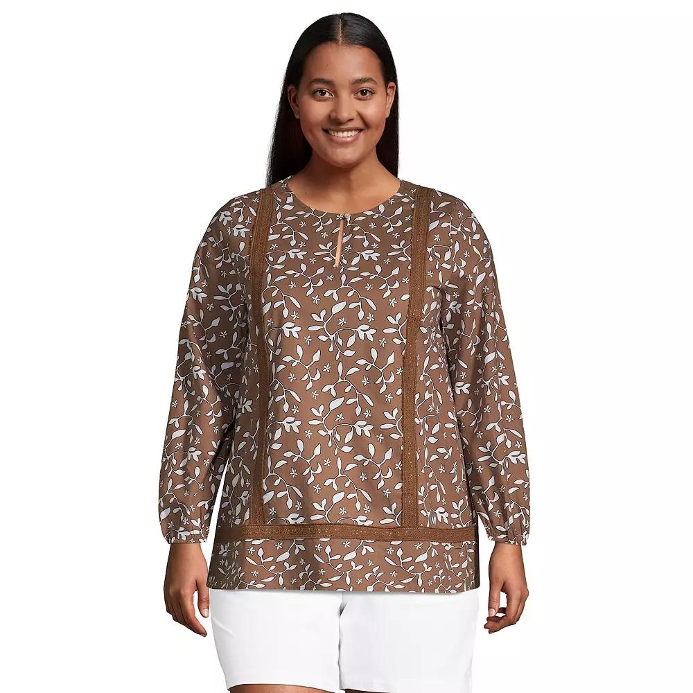 Plus Size Lands' End Poplin Splitneck Tunic Top, Women's, Size: 1XL, Allspice Floral Leaf Product Image