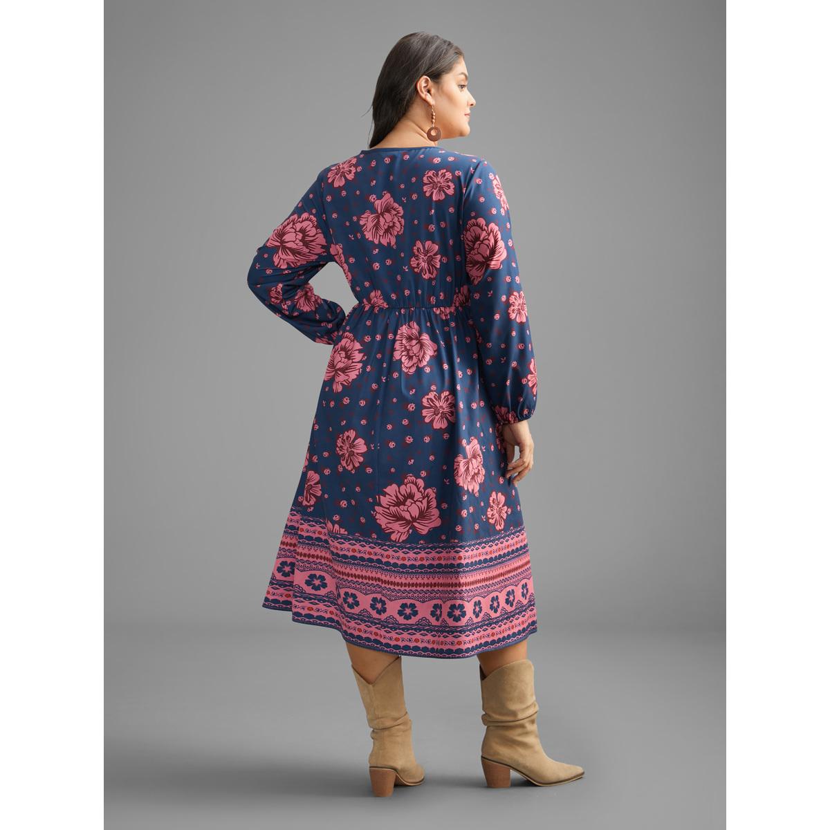 Plus Size Boho Print V Neck Elastic Waist Dress Midnight Women Resort Non V-neck Long Sleeve Curvy BloomChic 26/4X Product Image