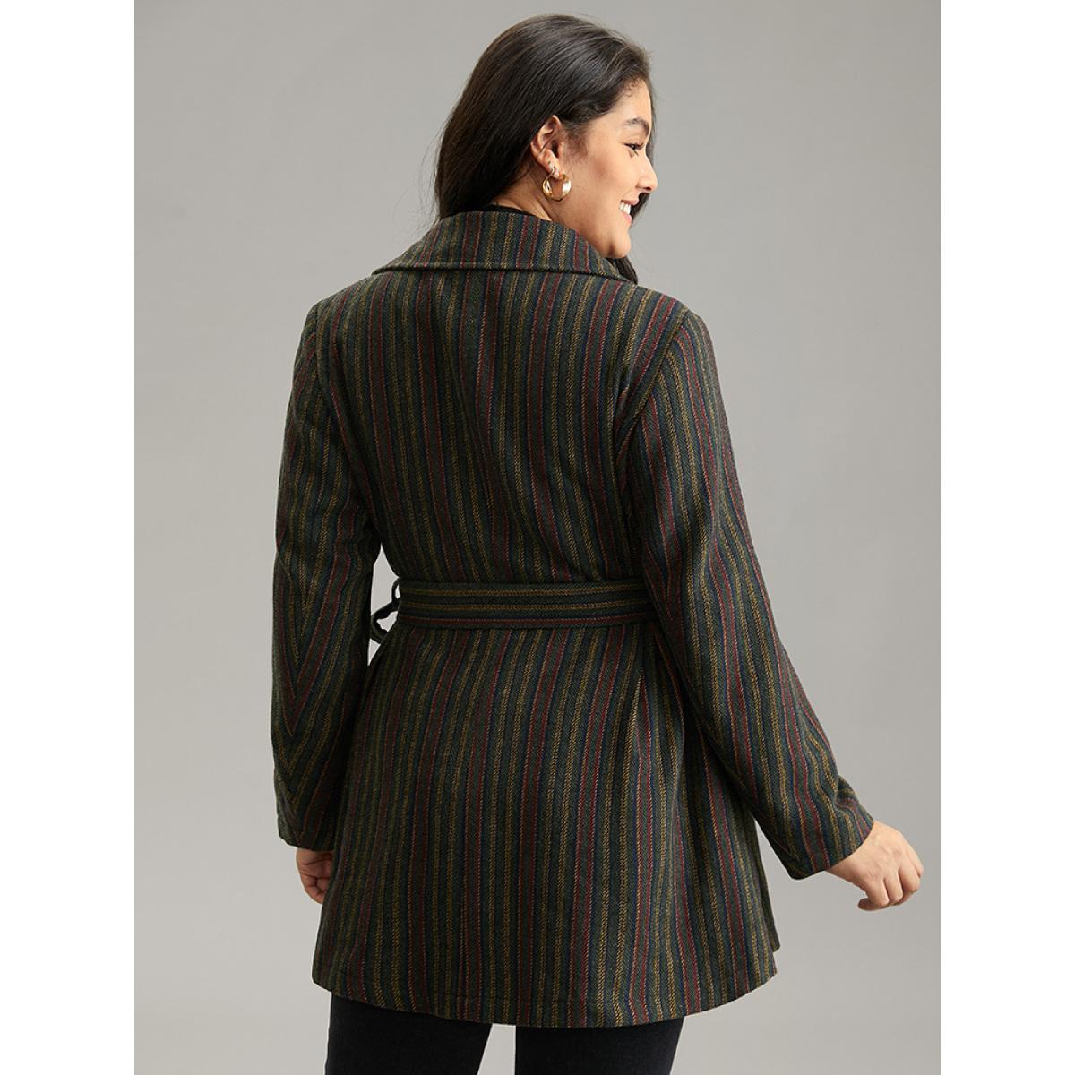 Plus Size Bandana Striped Lapel Collar Belted Woolen Coat Women Multicolor Casual Lined Ladies Dailywear Winter Coats BloomChic 22-24/3X Product Image