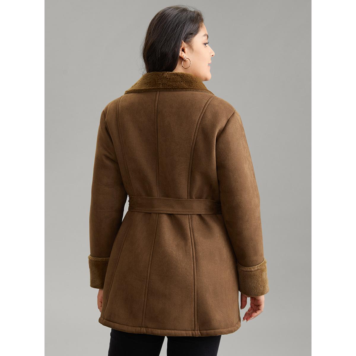 Plus Size Fuzzy Patchwork Double Breasted Belted Jacket Women Bronze Pocket Belt Everyday Jackets BloomChic 14-16/1X Product Image