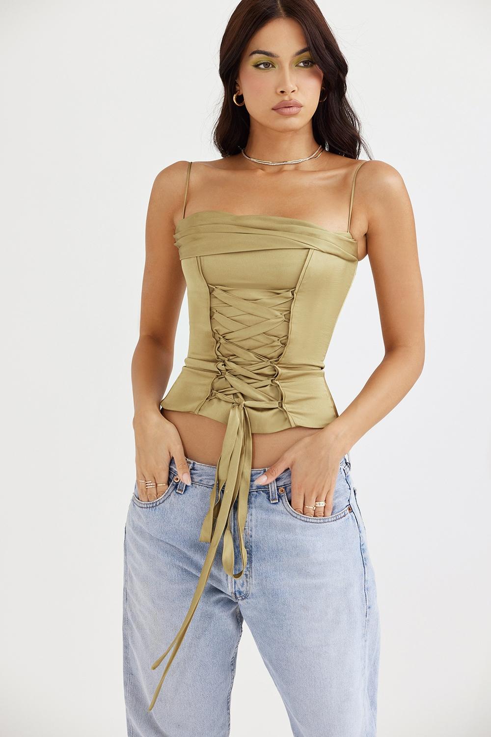 Letitia  olive satin lace up corset Product Image