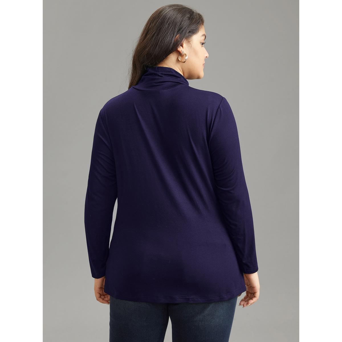 Plus Size Supersoft Essentials Solid Funnel Neck Knit T-shirt Indigo Women Elegant Plain Plain Ruffled collar Bodycon Dailywear T-shirts BloomChic 28/5X Product Image