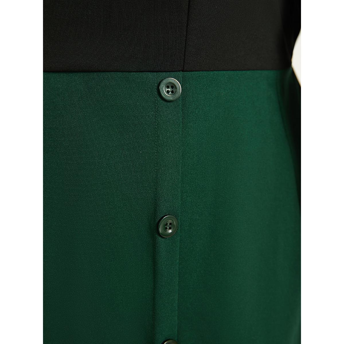 Plus Size Colorblock Patchwork Button Detail Dress DarkGreen Women Elegant Elastic cuffs Square Neck Long Sleeve Curvy Midi Dress BloomChic 22-24/3X Product Image