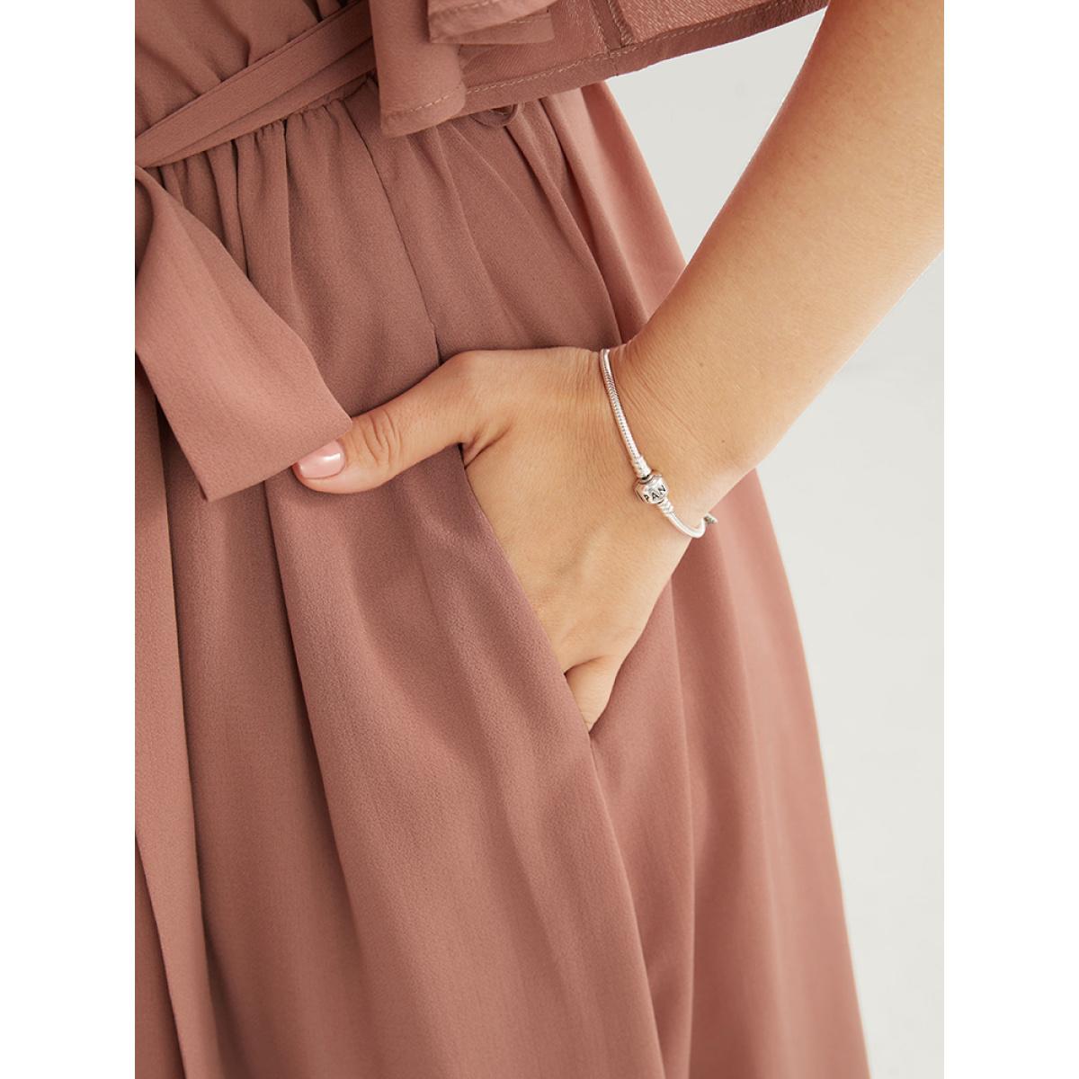 Plus Size Solid Keyhole Round Neck Pocket Belted Flutter Dress Salmon Women Office Belted Round Neck Half Sleeve Curvy Midi Dress BloomChic 30/6X Product Image