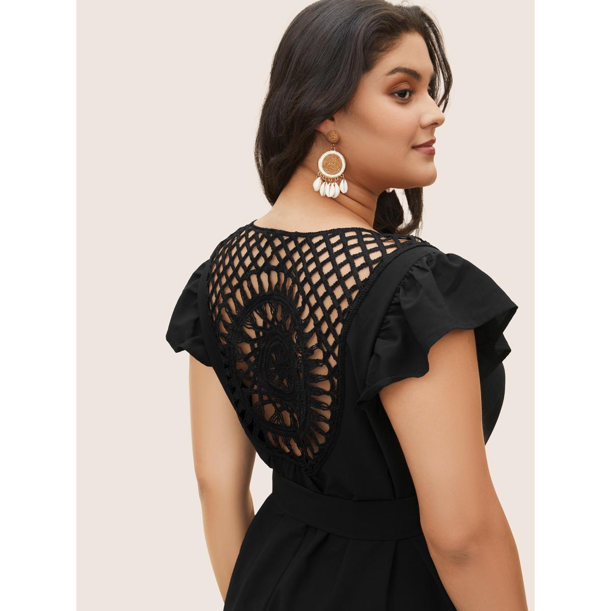 Plus Size Solid Cut Out Ruffle Cap Sleeve Dress Black Women Resort Woven ribbon&lace trim V-neck Cap Sleeve Curvy Midi Dress BloomChic 22-24/3X Product Image
