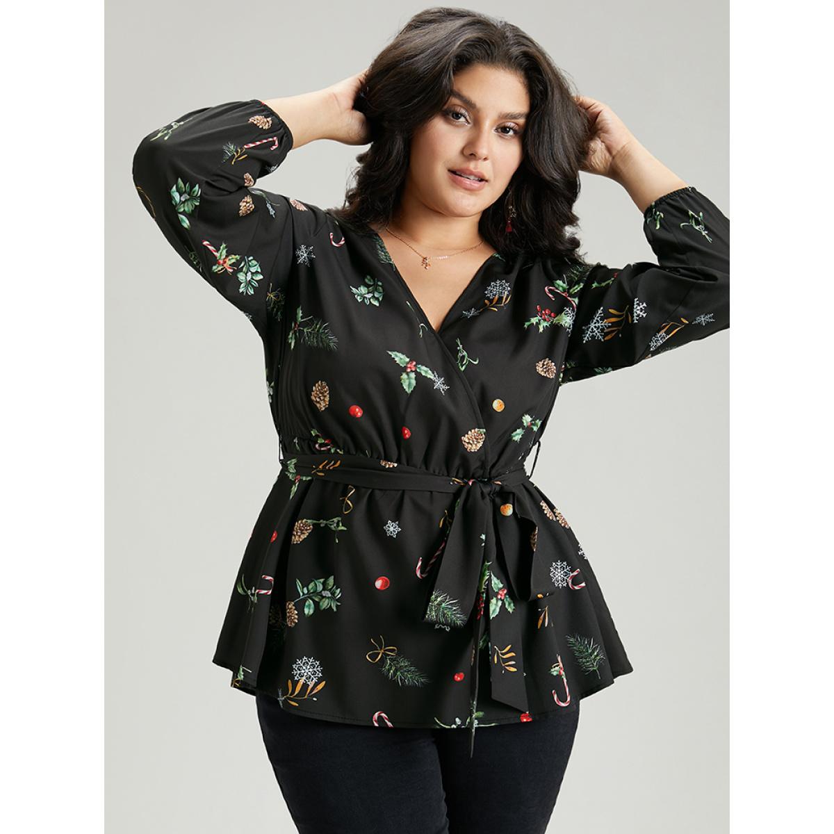 Plus Size Black Christmas Elastic Waist Belted Wrap Blouse Women Elegant Long Sleeve V-neck Festival-Christmas Blouses BloomChic 22-24/3X Product Image
