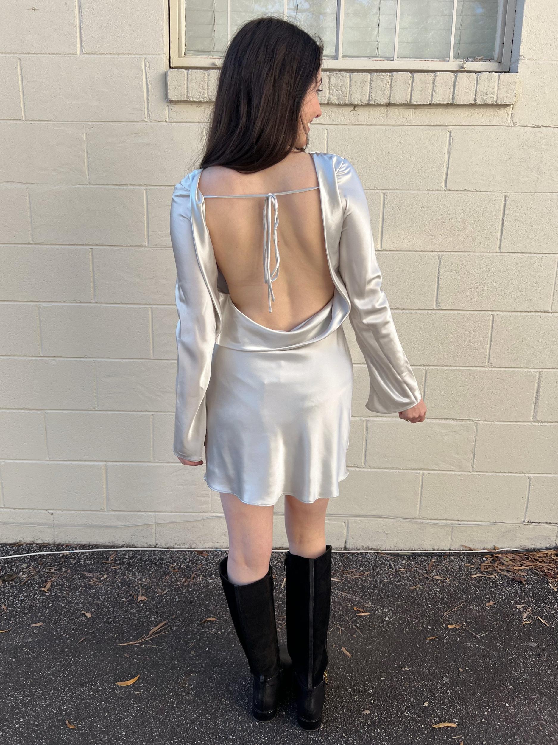 Kim Open Back Long Sleeve Mini Dress - Silver Product Image