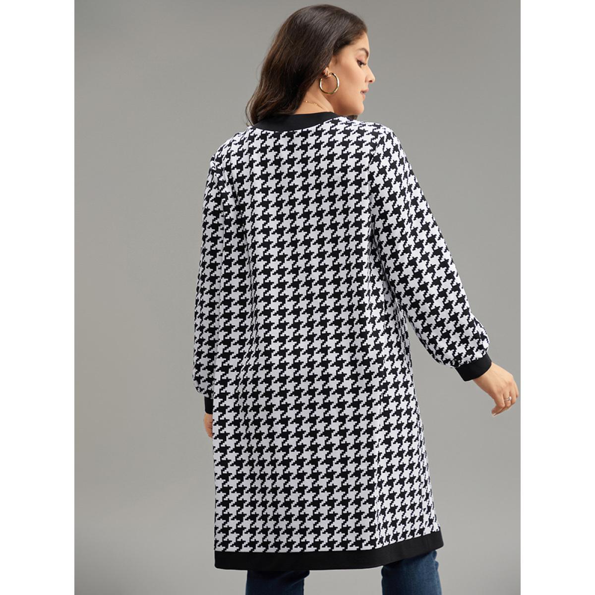 Plus Size Houndstooth Button Through Contrast Trim Jacket Women Black Contrast Dailywear Jackets BloomChic 12/L Product Image