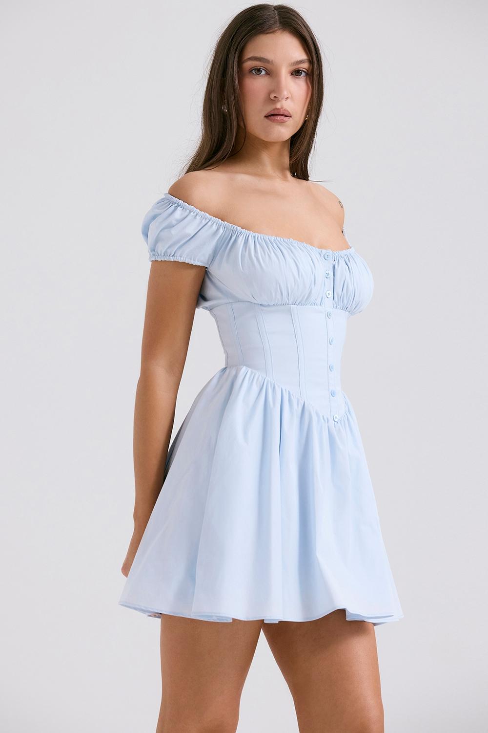 Nala  soft blue cotton gathered mini dress Product Image