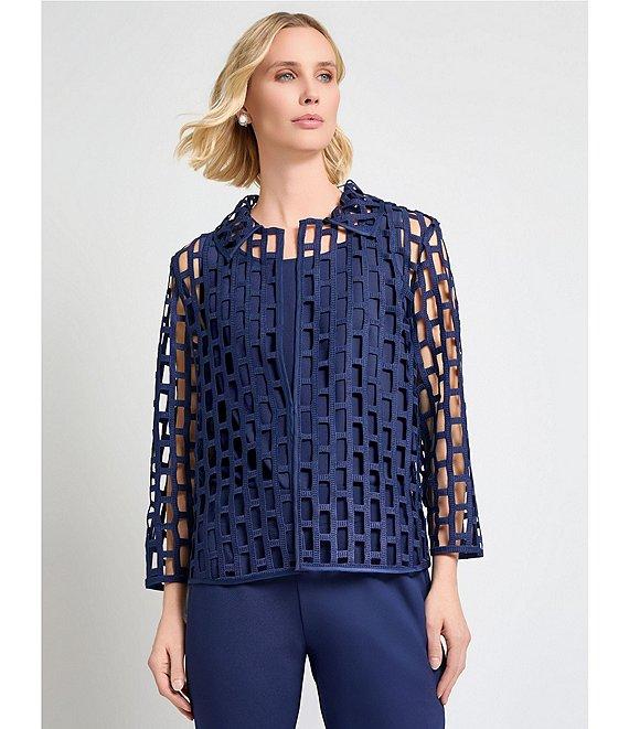 Ming Wang Novelty Woven Square Geo Cutout Spread Collar 3/4 Sleeve Jacket Product Image