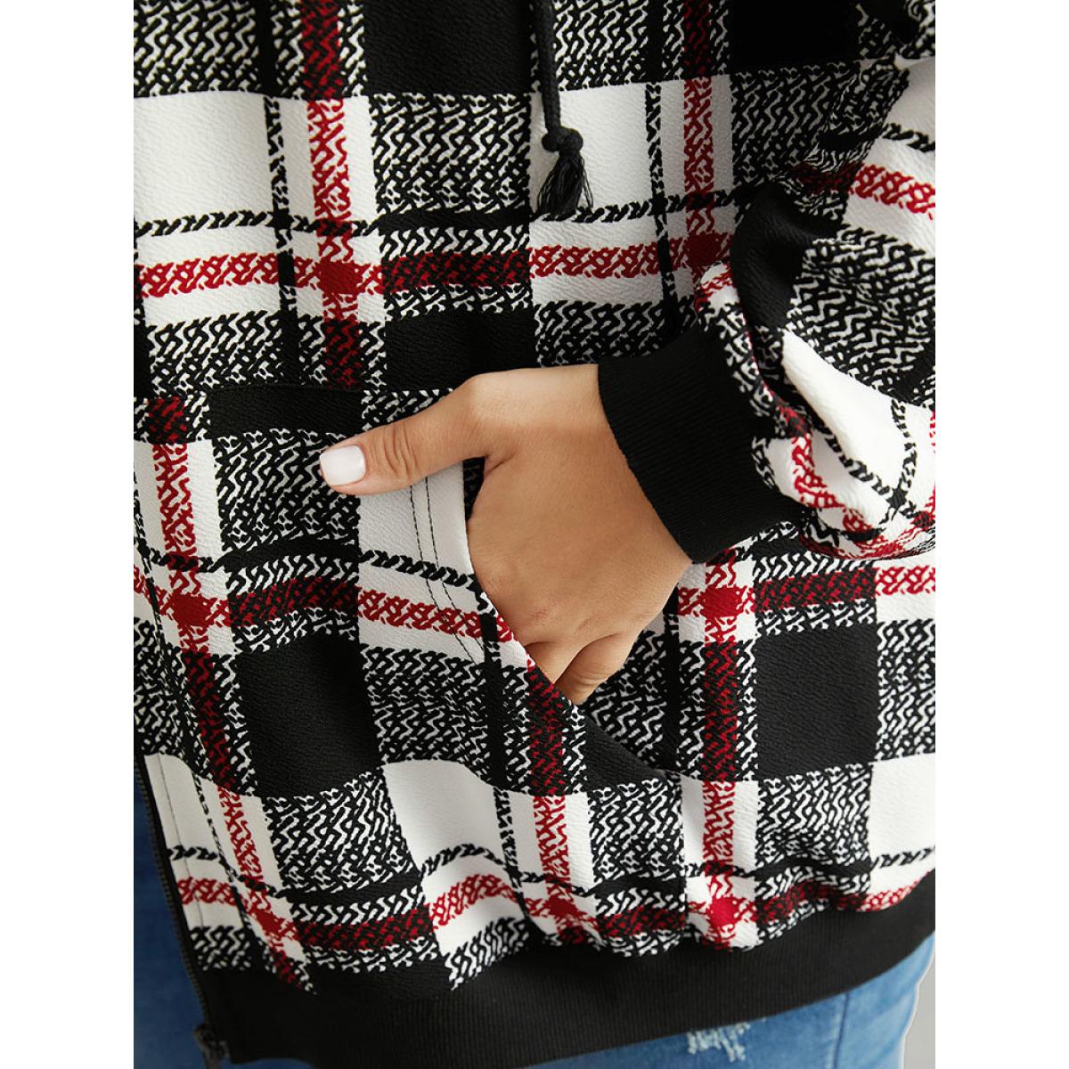 Plus Size Plaid Hooded Drawstring Zipper Sweatshirt Women Black Casual Elastic cuffs Hooded Dailywear Sweatshirts BloomChic 14-16/1X Product Image