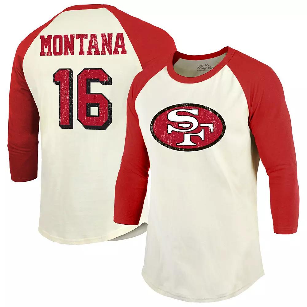 Men's Majestic Threads Joe Montana Cream/Scarlet San Francisco 49ers Retired Player Name & Number 3/4 Raglan Sleeve T-Shirt, Size: Small, Beige Product Image