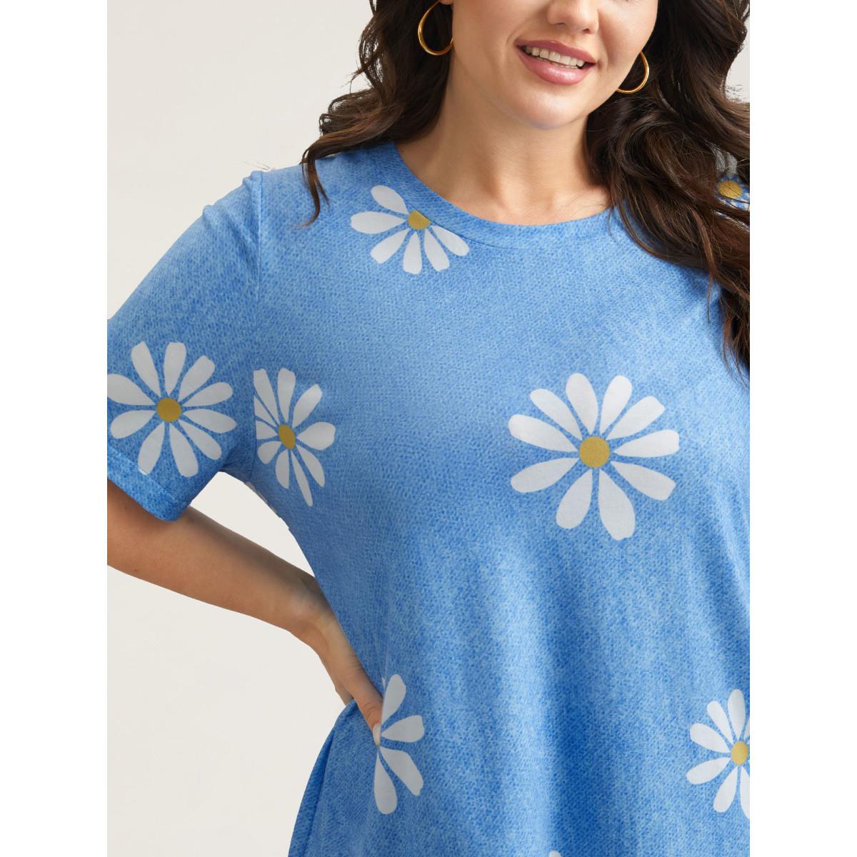 Plus Size Stretchy Floral Print Round Neck T-shirt LightBlue Women Playful Non Natural Flowers Round Neck Casual T-shirts BloomChic 10/M Product Image