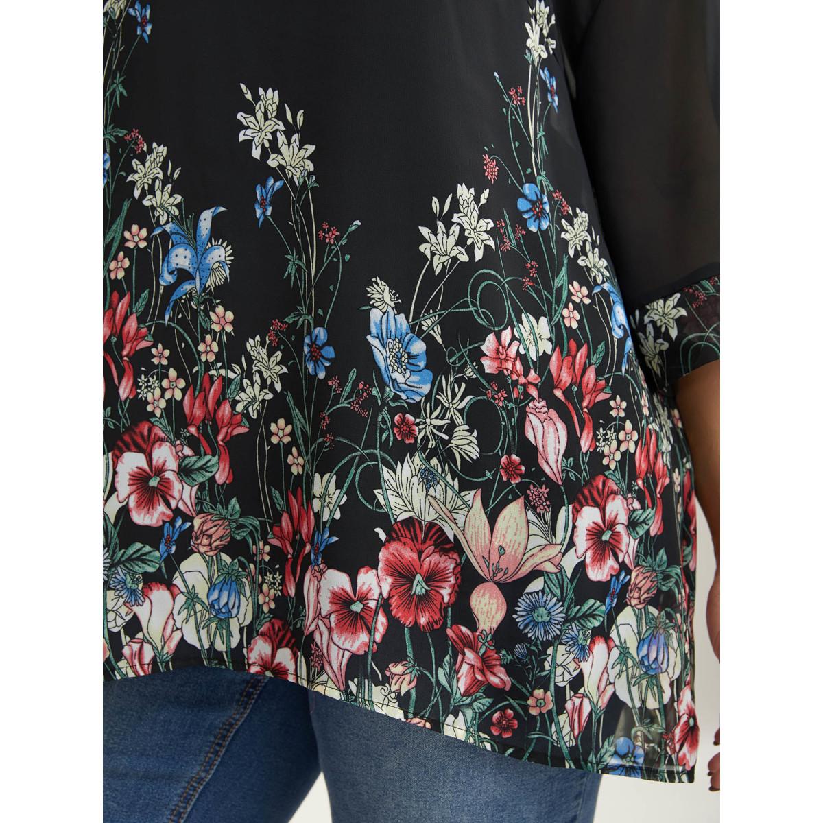 Plus Size Black Floral Print Sheer Round Neck Blouse Women Elbow-length sleeve Round Neck Everyday-Elegant Blouses BloomChic 30/6X Product Image