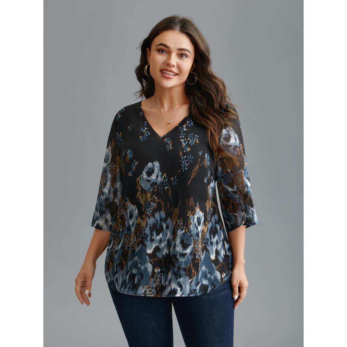 Plus Size Black V Neck Floral Bell Sleeve Blouse Women Elegant Elbow-length sleeve V-neck Everyday Blouses BloomChic 22-24/3X Product Image