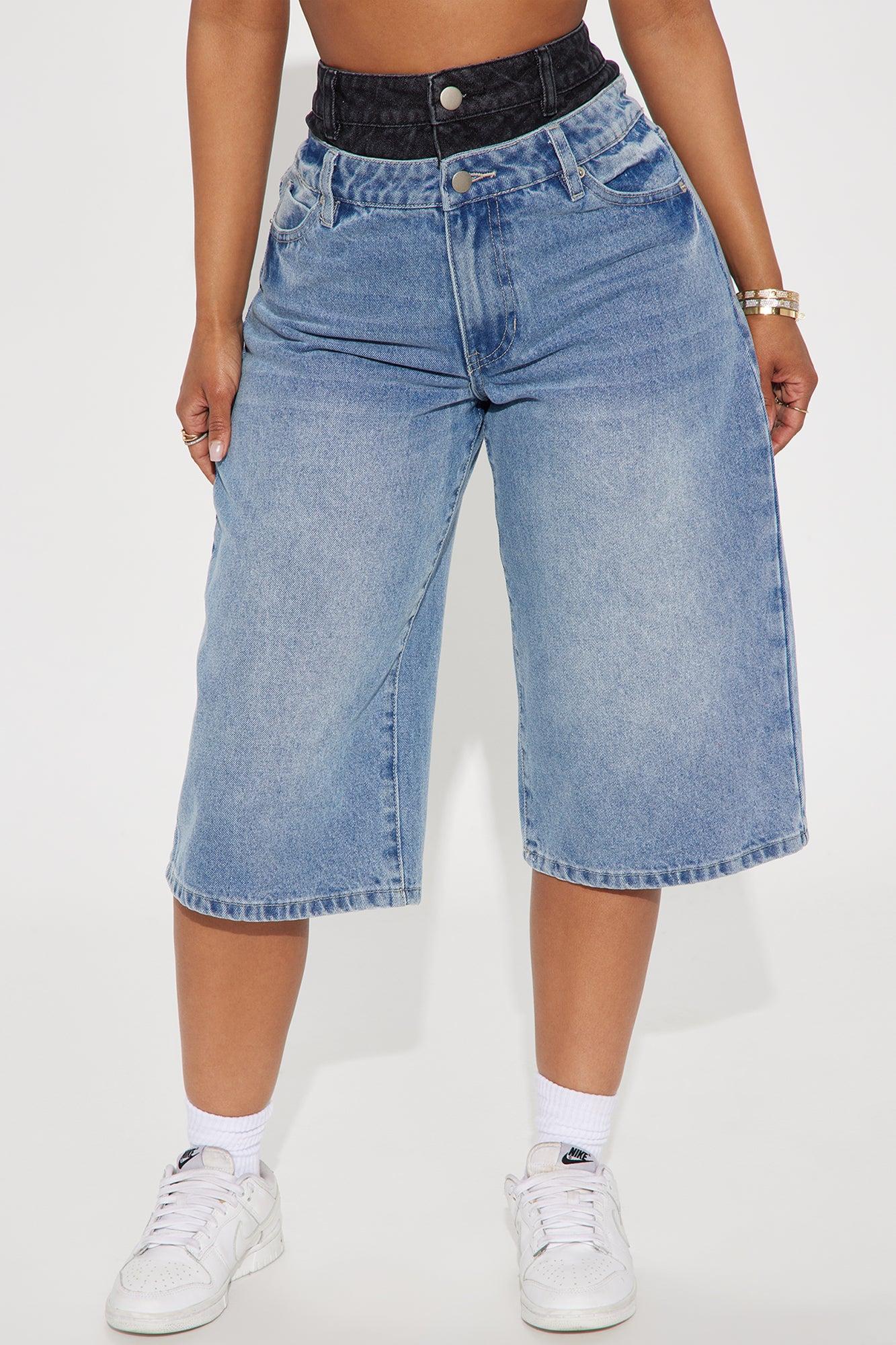 Teigen Non Stretch Double Waistband Denim Jorts - Medium Wash Product Image