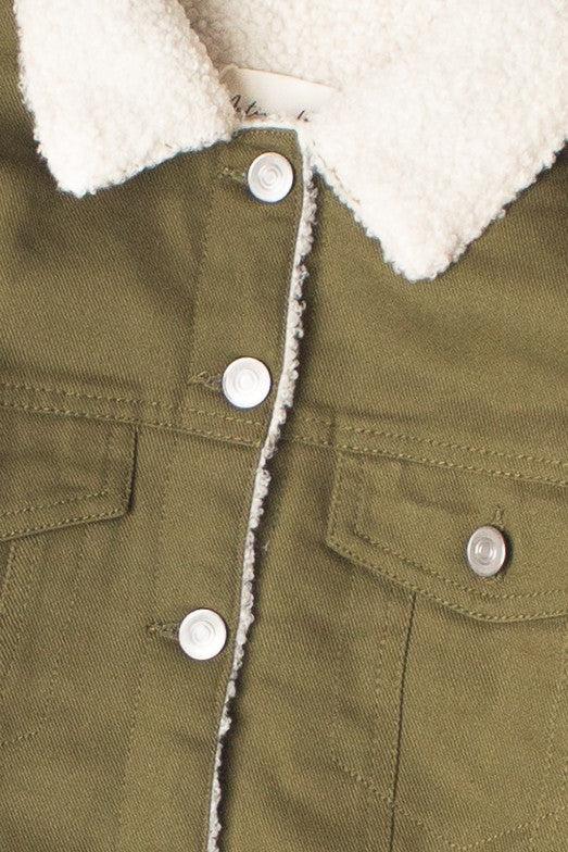 Olive Green Sherpa Lined Denim Jacket Product Image