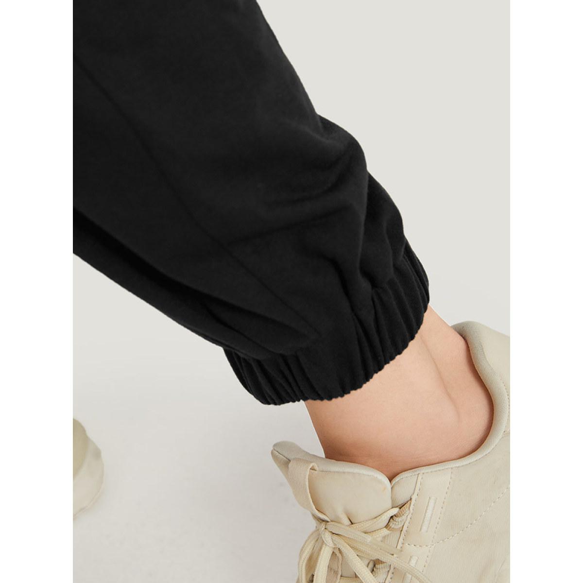 Floral Print Drawstring Elastic Waist Pocket Sweatpants Black Plus Size Women Casual Everyday Tummy control 28/5X Bloomchic Product Image