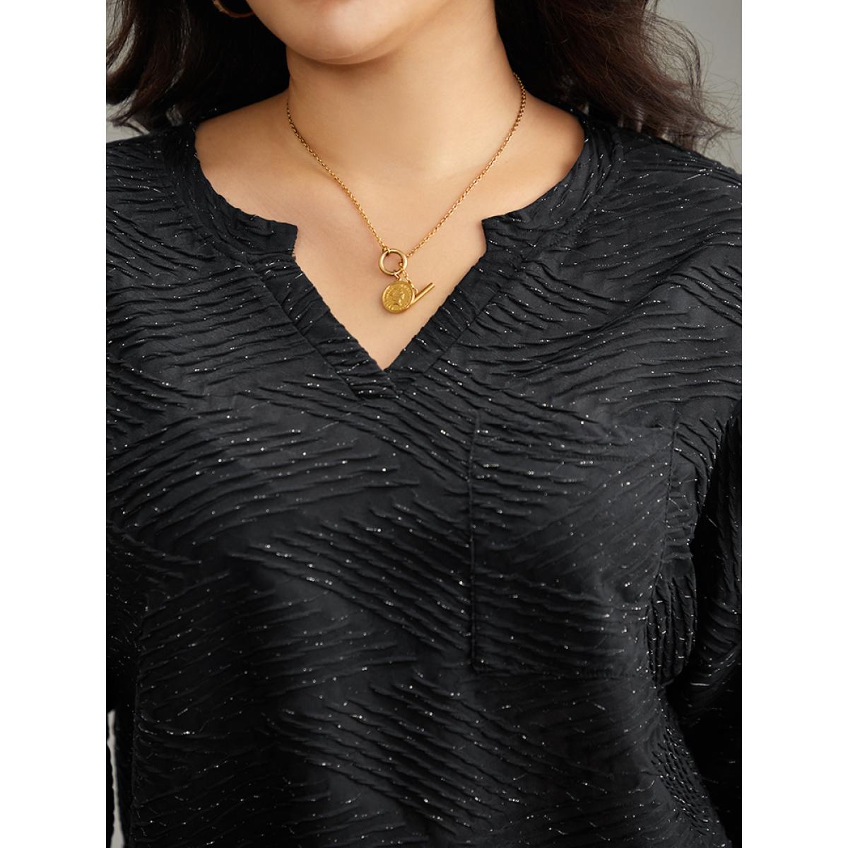 Plus Size Plisse Solid Notched Long Sleeve T-shirt Black Women Casual Texture Plain Notched collar Dailywear T-shirts BloomChic 12/L Product Image