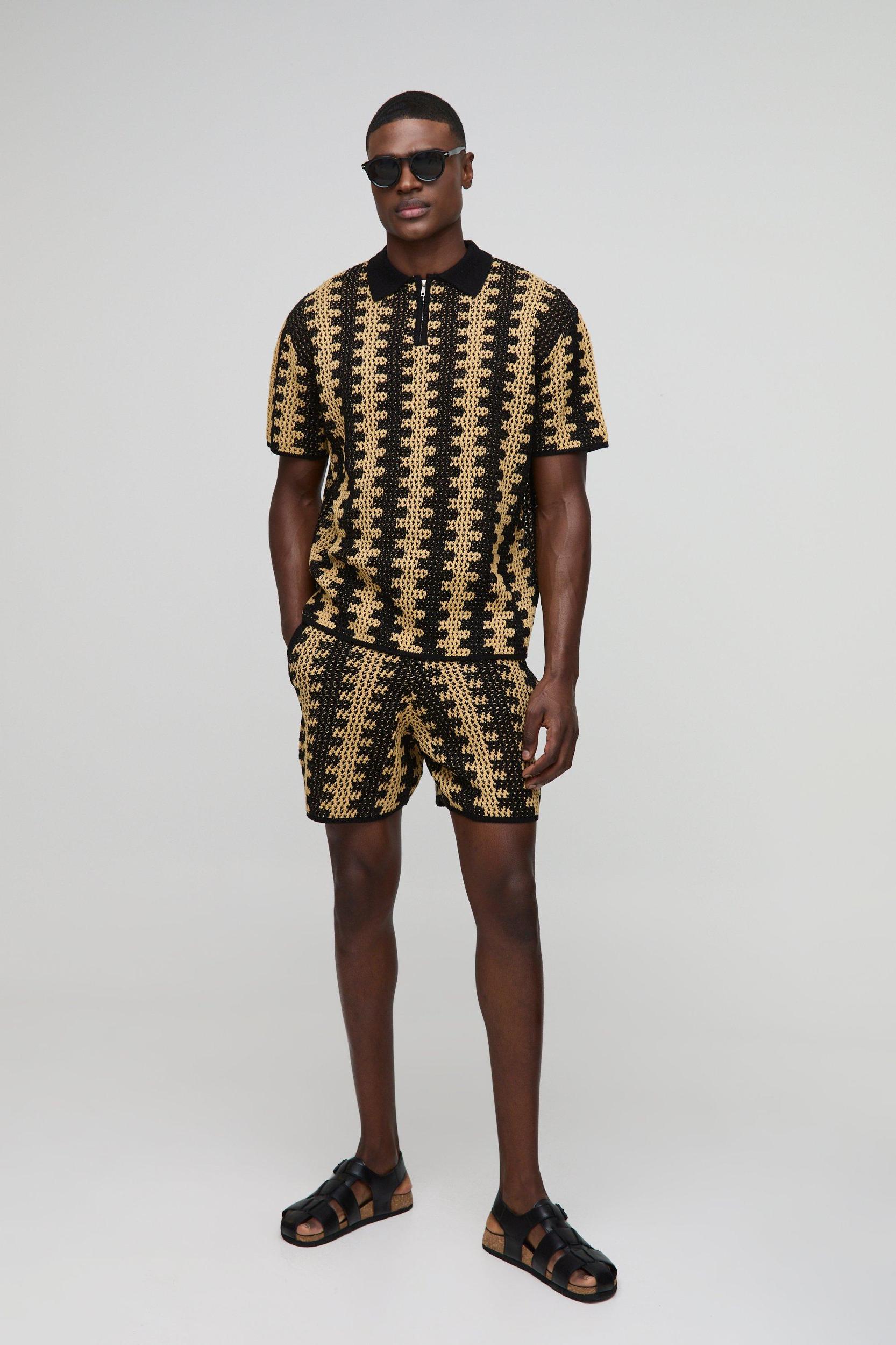 Oversized Boxy Crochet Look Stripe Shorts Knitted Polo Set | boohooMAN USA Product Image