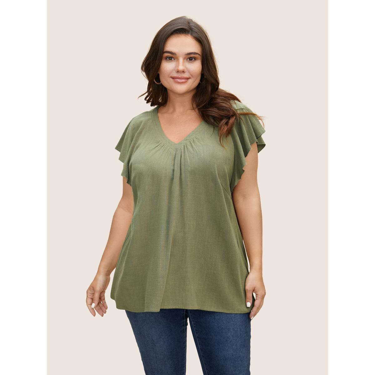 Plus Size ArmyGreen Linen Blend Gathered Ruffle Cap Sleeve Blouse Women Casual Cap Sleeve V-neck Everyday Blouses BloomChic 14-16/1X Product Image