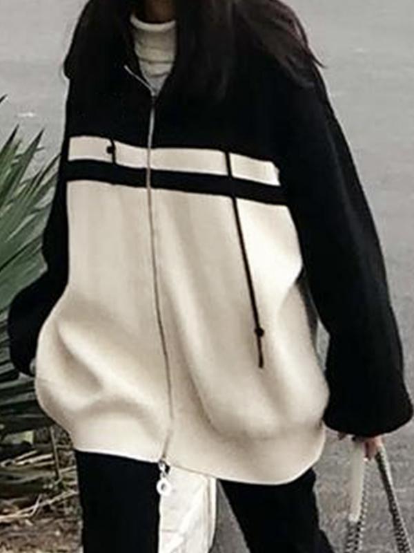 Contrast Color Splice Double Zip Hooded Cardigan Product Image