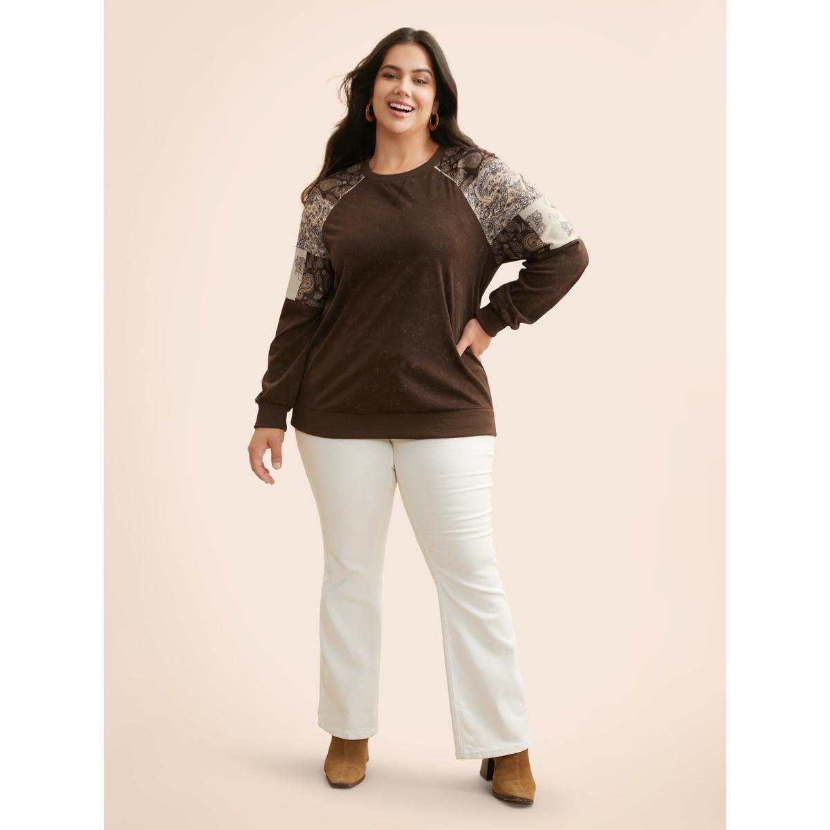 Plus Size Vintage Boho Print Patchwork Sweatshirt Women DarkBrown Casual Contrast Round Neck Everyday Sweatshirts BloomChic 18-20/2X Product Image