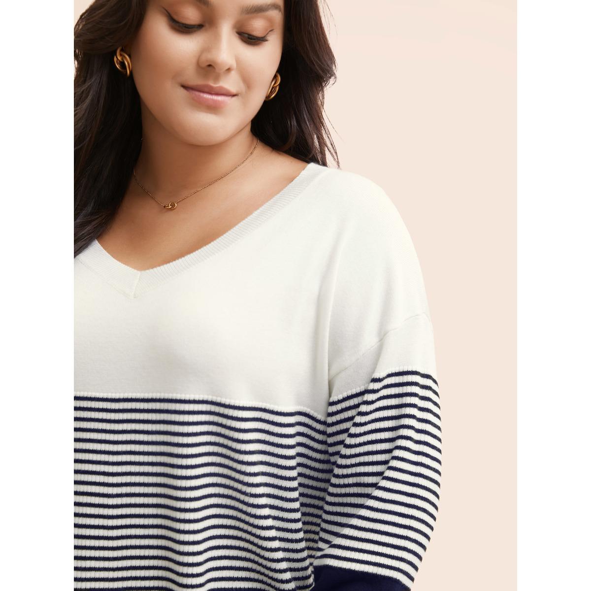 Plus Size Supersoft Essentials Striped Contrast Pullover Midnight Women Workwear Essentials Long Sleeve V-neck Work Pullovers BloomChic 10/M Product Image