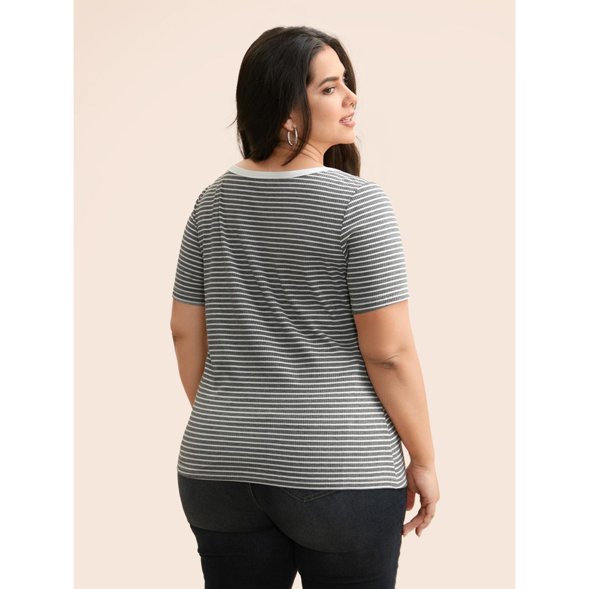 Plus Size U Neck Striped Button Detail T-shirt DimGray Women Casual Texture U-neck Everyday T-shirts BloomChic 12/L Product Image