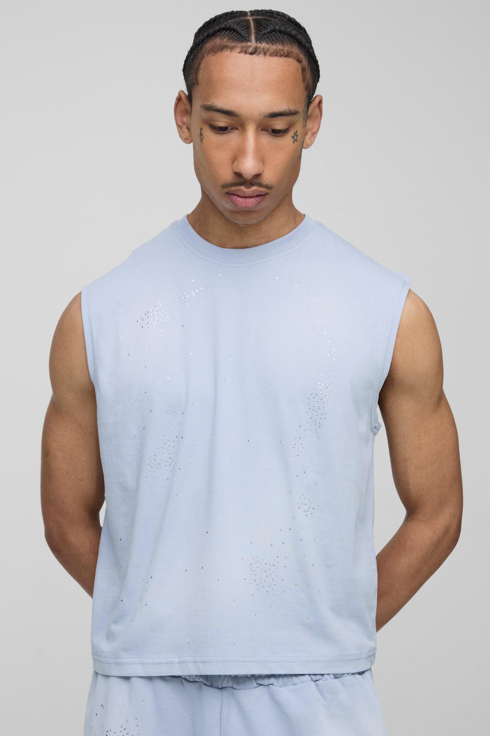 Boxy Fit Washed Rhinestone Tank | boohooMAN USA Product Image