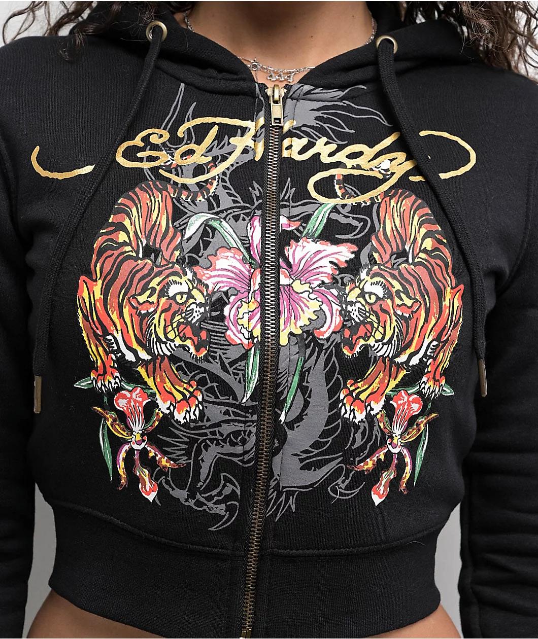 Ed Hardy Tigers Orchid Black Crop Zip Hoodie Product Image