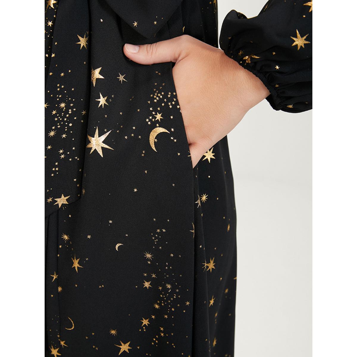 Plus Size Moon And Star Pocket Split Belted Bodycon Dress Black Women Party Pocket V-neck Long Sleeve Curvy Midi Dress BloomChic 22-24/3X Product Image