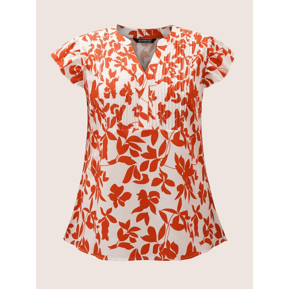 Plus Size OrangeRed Silhouette Floral Print Notched Collar Pleated Blouse Women Resort Cap Sleeve Notched collar Vacation Blouses BloomChic 12/L Product Image