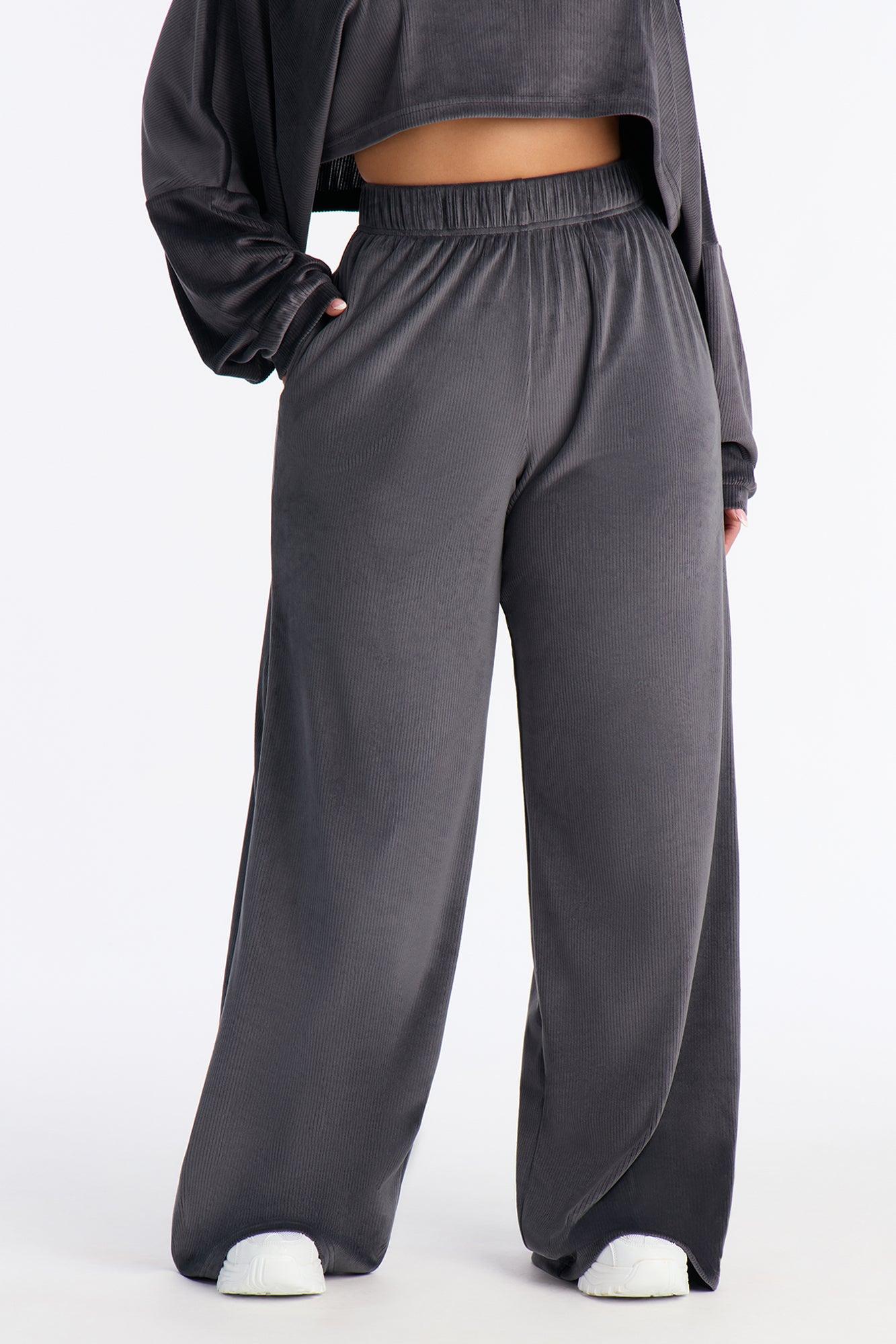 Vicky Ribbed Wide Leg Pants - Charcoal Female Product Image