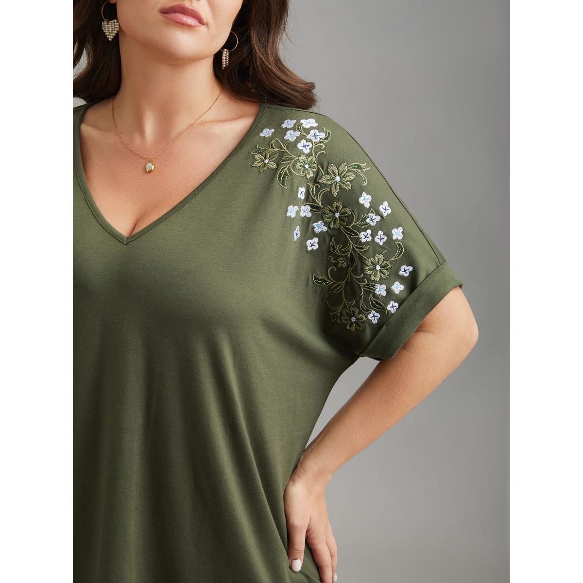 Plus Size Stretchy Embroidered Drop Shoulder T-Shirt ArmyGreen Women Timeless Roll Hem V-neck Elegant T-shirts BloomChic 22-24/3X Product Image