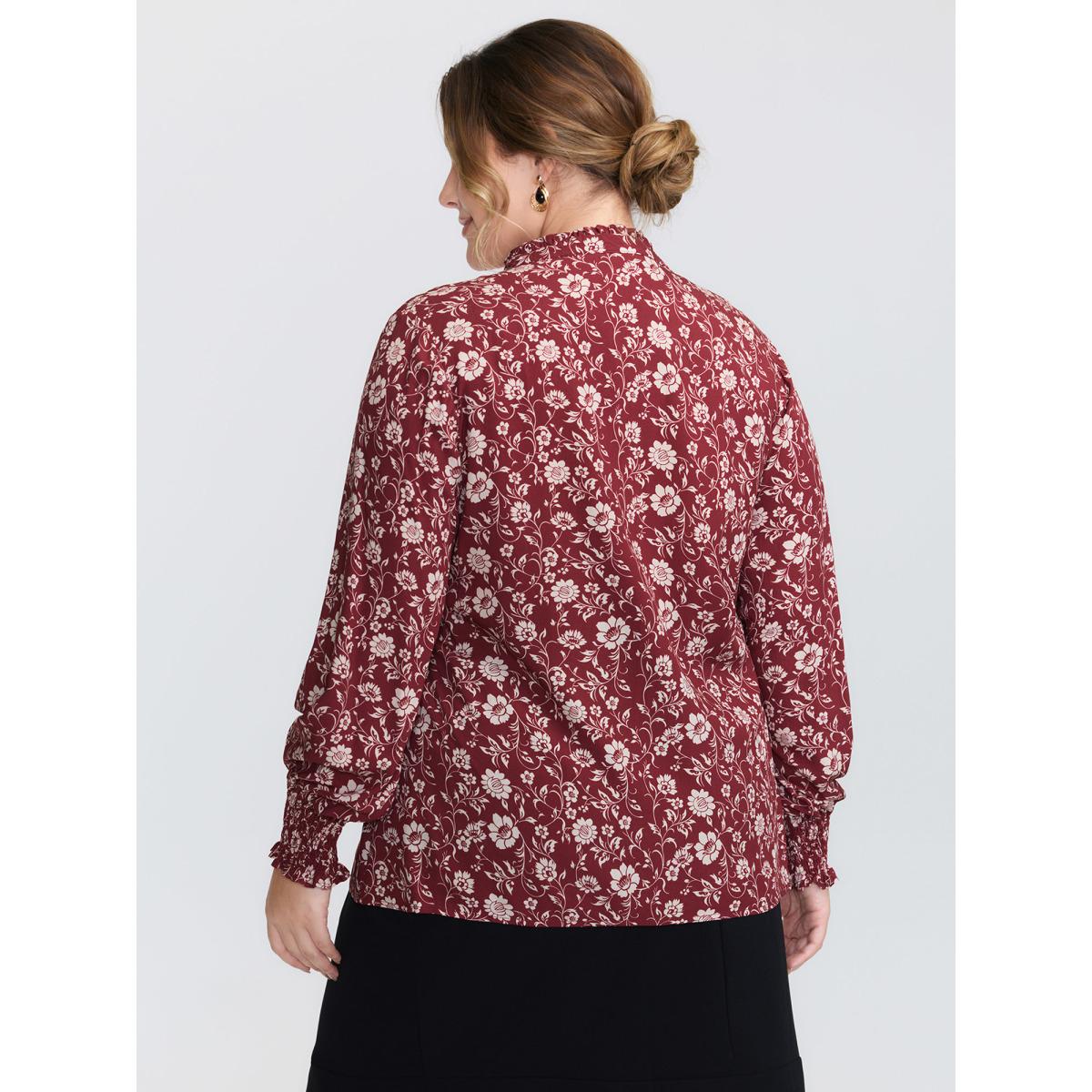 Plus Size Deepred Floral Ruffled Collar Button Front Blouse Women Timeless Long Sleeve Shirt collar Elegant Blouses BloomChic 26/4X Product Image