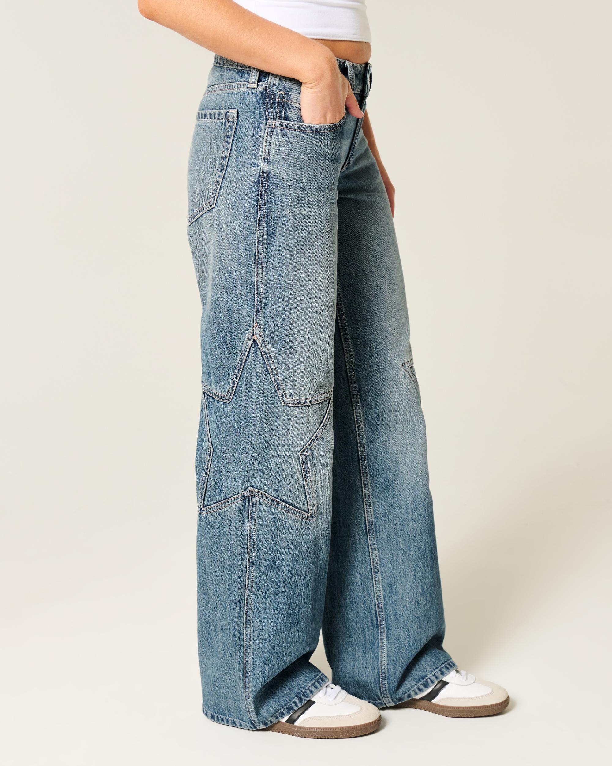 Low-Rise Medium Wash Star Graphic Baggy Jeans Product Image