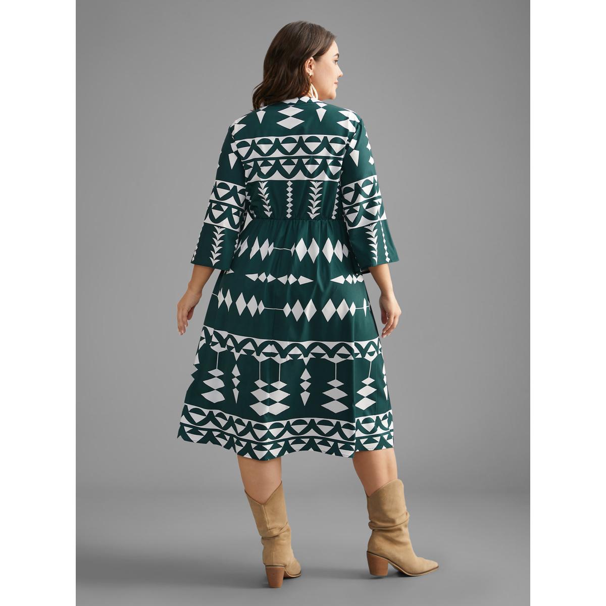 Plus Size Geometric Pattern Elastic Waist Midi Dress Cyan Women Resort Non Flat collar with V-notch Elbow-length sleeve Curvy BloomChic 22-24/3X Product Image