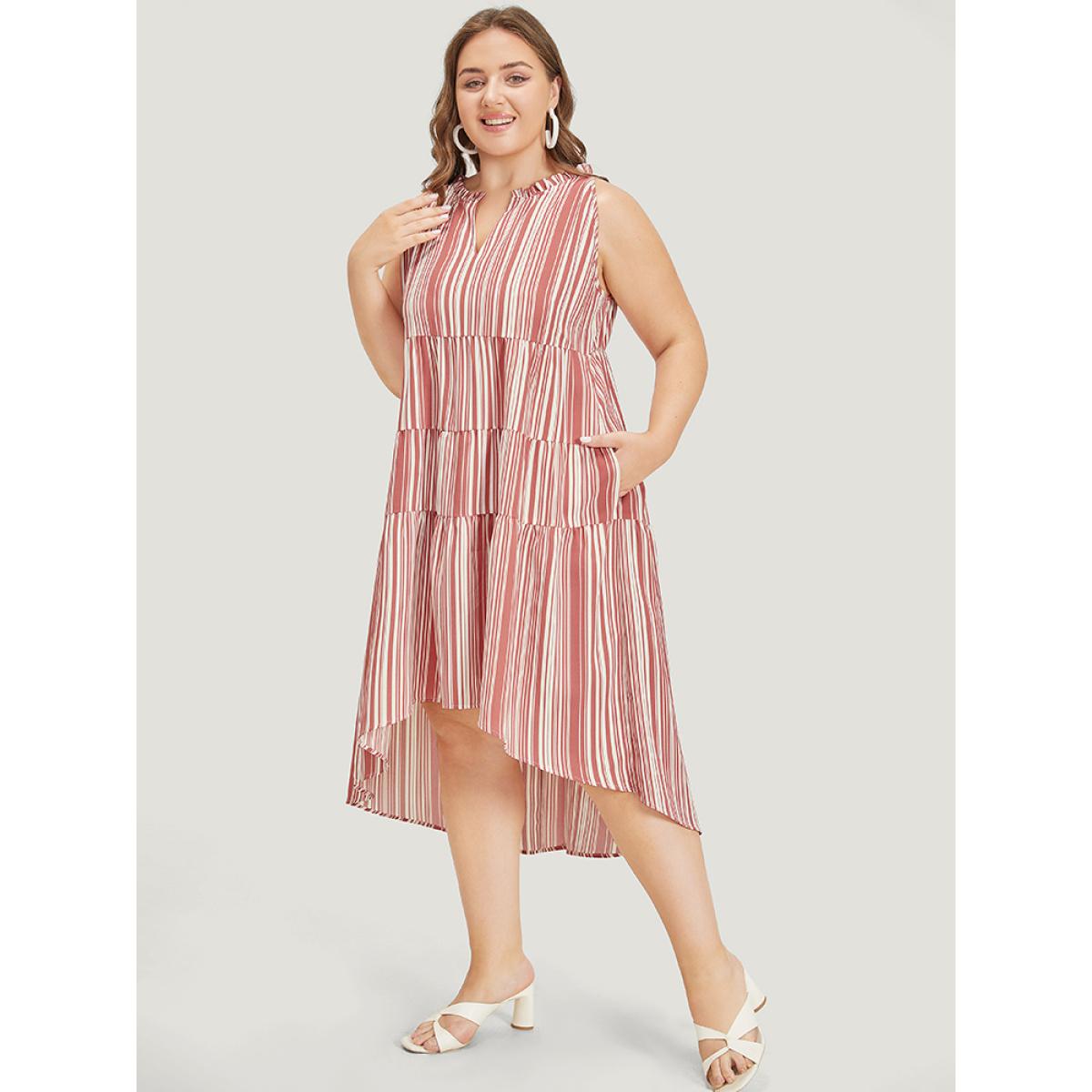 Plus Size Striped Pocket Notched Ruffle Layered Hem Dress Russet Women Vacation V-neck Sleeveless Curvy Knee Dress BloomChic 10/M Product Image