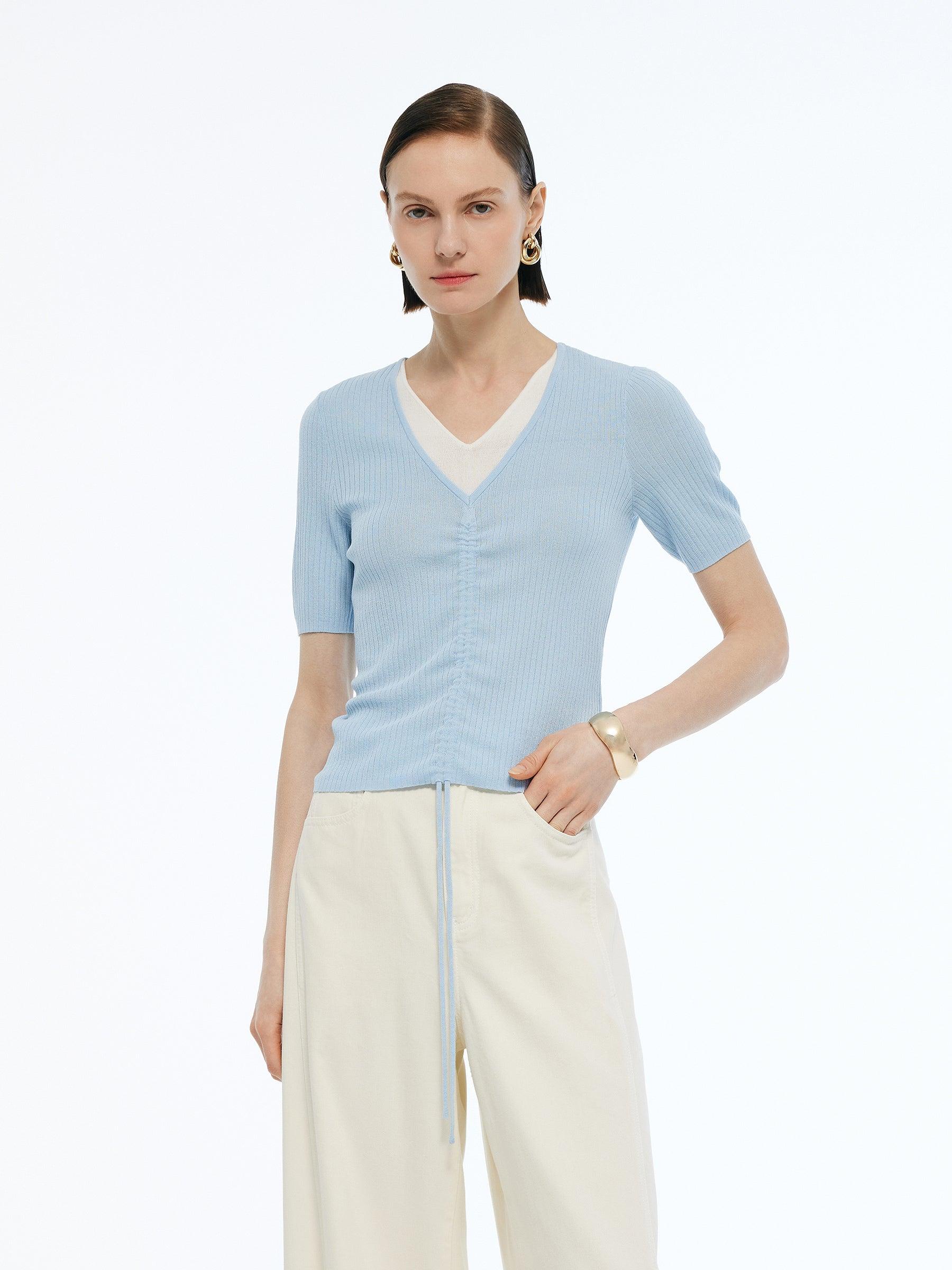 Lyocell Blend Drawstring Women Patchwork Knit Top Product Image