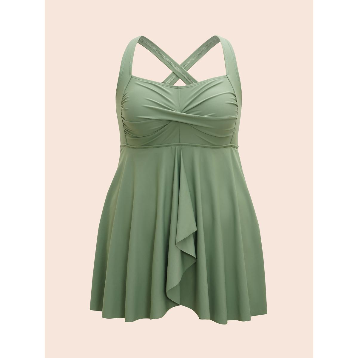 Plus Size Twist-Front Flared Hem One-Piece Swimsuit Women's Swimwear Sage Beach Bodycon Heart neckline High stretch Curve Swim Dresses BloomChic 12/L Product Image
