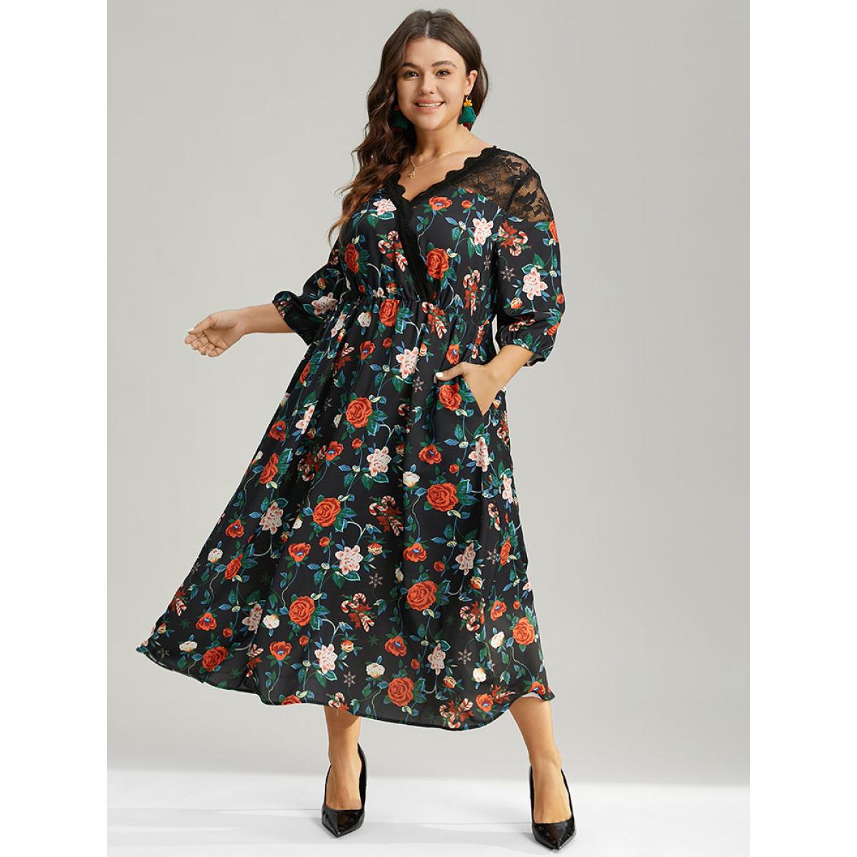 Plus Size Floral Crochet Lace Mesh Overlap Collar Dress Black Women Office Elastic cuffs Overlap Collar Elbow-length sleeve Curvy Midi Dress BloomChic 14-16/1X Product Image