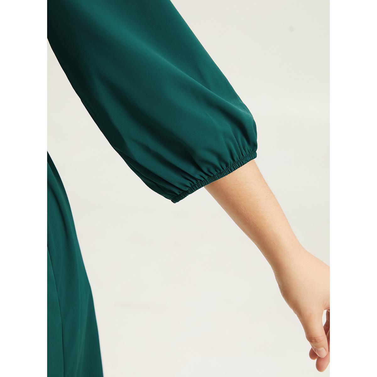 Plus Size Twill Flutter Shirred Asymmetrical Layered Hem Dress Teal Women At the Office Elastic cuffs Round Neck Elbow-length sleeve Curvy Midi Dress BloomChic 10/M Product Image
