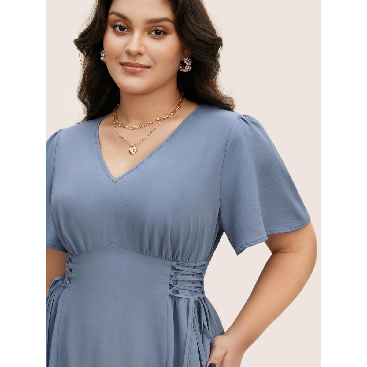Plus Size V Neck Shirred Gathered Lace Up Dress Stone Women Elegant Wraparound straps V-neck Short sleeve Curvy BloomChic 14-16/1X Product Image