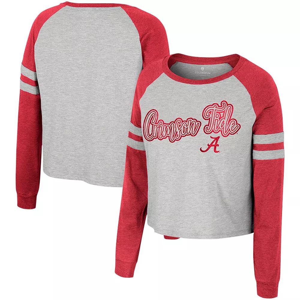 Women's Colosseum Heather Gray Alabama Crimson Tide I'm Gliding Here Raglan Long Sleeve Cropped T-Shirt,  Product Image