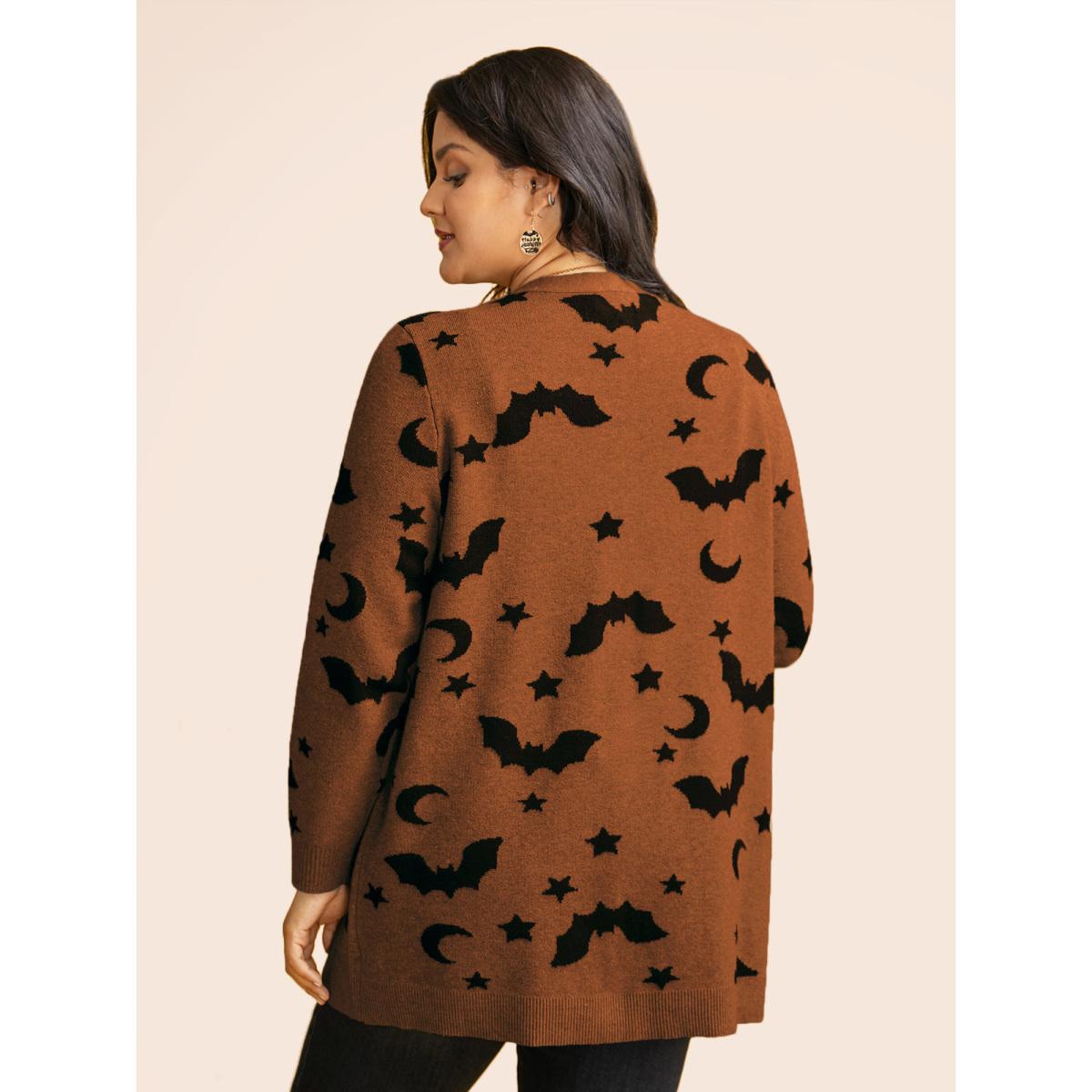 Plus Size Bat Printed Jacquard Cardigan Yellowishbrown Women Leisure Loose Long Sleeve Casual Cardigans BloomChic 10/M Product Image